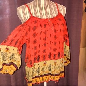 Beautiful Free People Cold Shoulder Boho Top with Elastic Cuffs, Size M